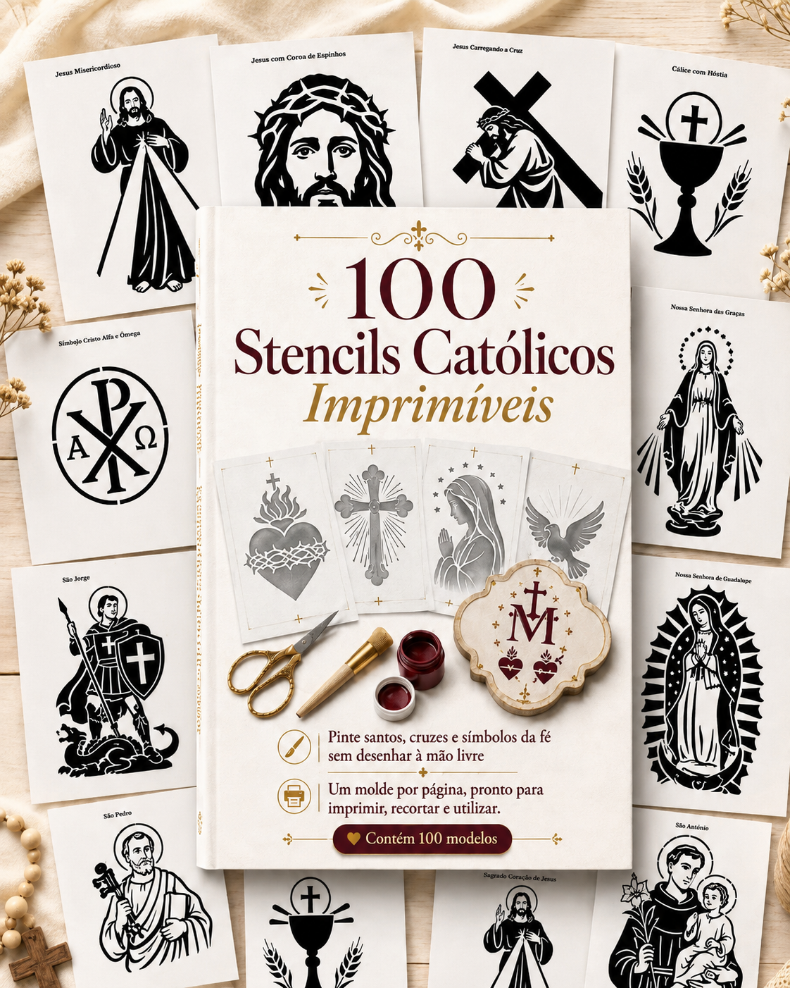 Capa do e-book 100 Stencils Católicos Imprimíveis, com moldes de santos, cruzes e símbolos da fé ao redor