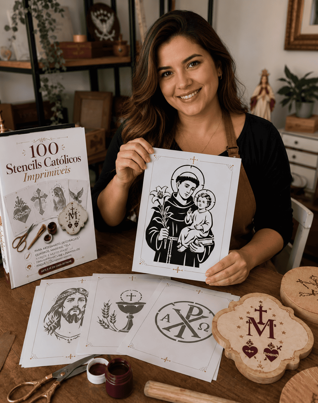 Mulher artesã sorrindo, segurando um stencil de Jesus impresso ao lado do livro 100 Stencils Católicos Imprimíveis