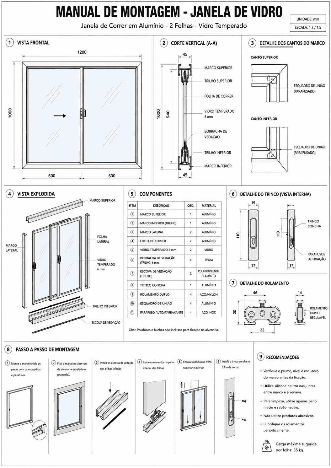 Manual de montagem de janela de vidro